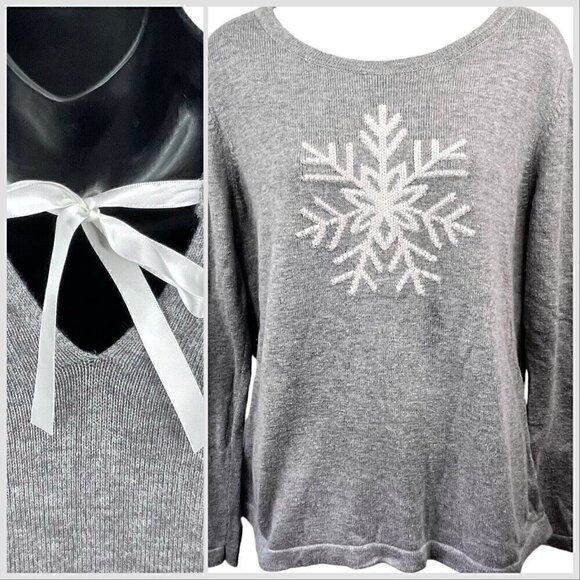 Talbots P Long Sleeve Gray Sweater With Snowflake Back Ribbon Closure Women’s PL - Picture 1 of 10